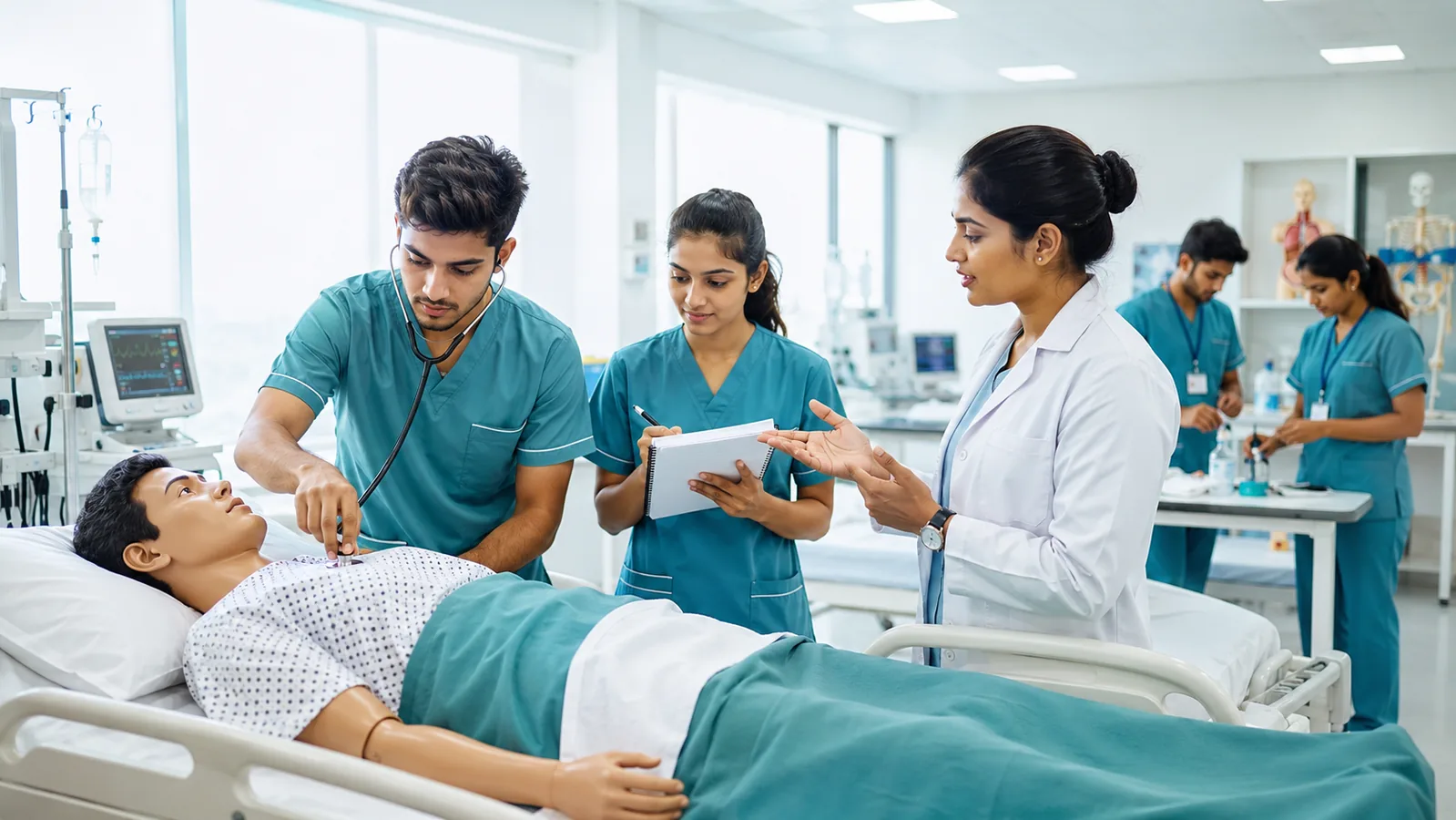 Indian paramedical students receiving practical clinical training in a modern lab