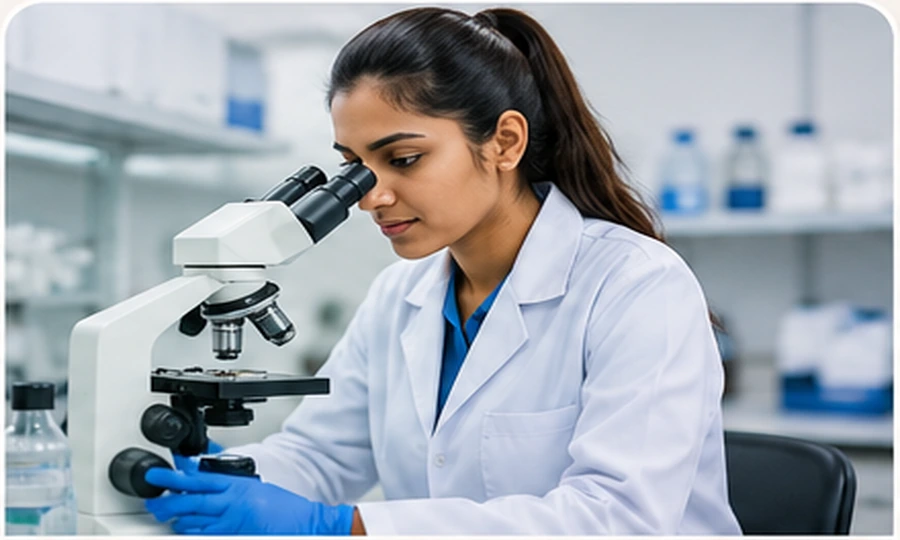 Medical lab technology student using microscope