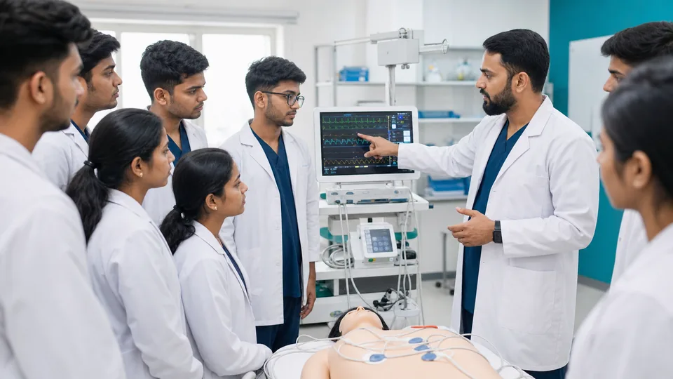 Instructor demonstrating clinical monitoring equipment to paramedical students